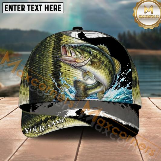 Maxcorners Fishing Green Scale Angler Splash Personalized Name 3D Cap (12 Fish Species)