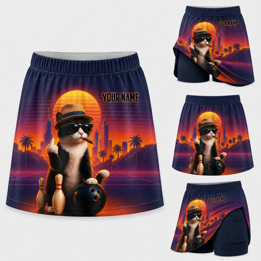 Maxcorners Bowling Cool Dog Sunset Personalized 3D Skort, Skirts With Shorts