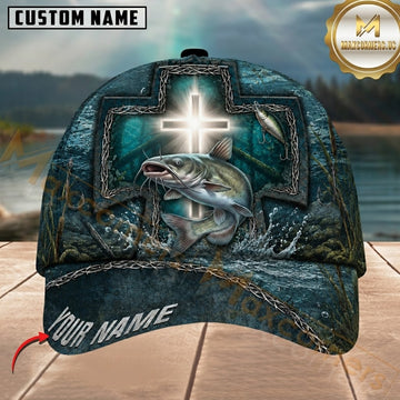 Maxcorners Fishing Glowing Cross Barbed Wire Teal Water Customized Name 3D Cap