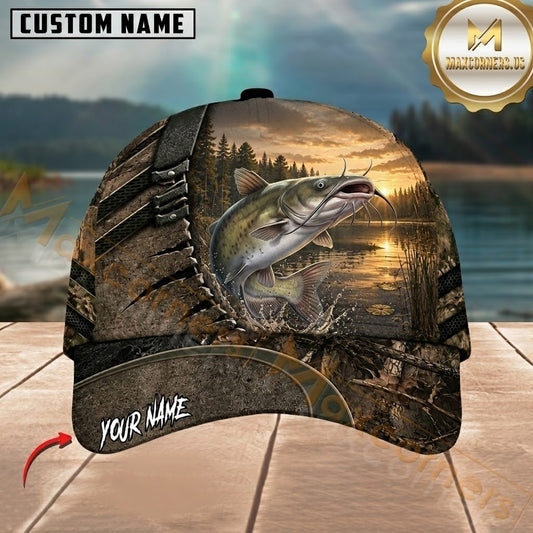 Maxcorners Fishing Rustic Bark and Sunset Customized Name 3D Cap