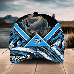 Maxcorners Catfish Fishing Blue Tire Triangle Pattern Sport Pattern Personalized Name 3D Cap
