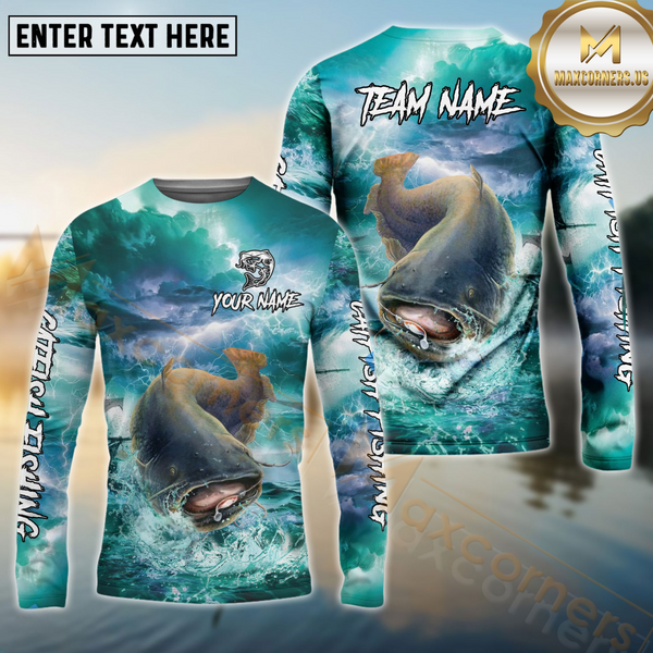 Maxcorners Catfish Fishing Storm Ocean Style Pattern Sport Jersey Personalized Name, Team Name Long Sleeve Shirt