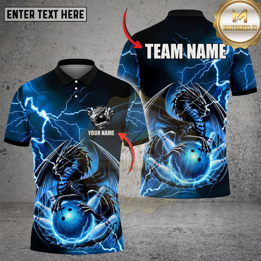 Maxcorners Bowling Polo Shirt Thunder Dragon Bowling Ball Multicolor Options Personalized Name, Team Name 3D Shirt (4 Colors)