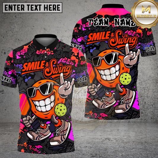 Maxcorners Pickleball Polo Smiling Sunglasses Ball Character Multiple Options Personalized Name, Team Name 3D Shirt