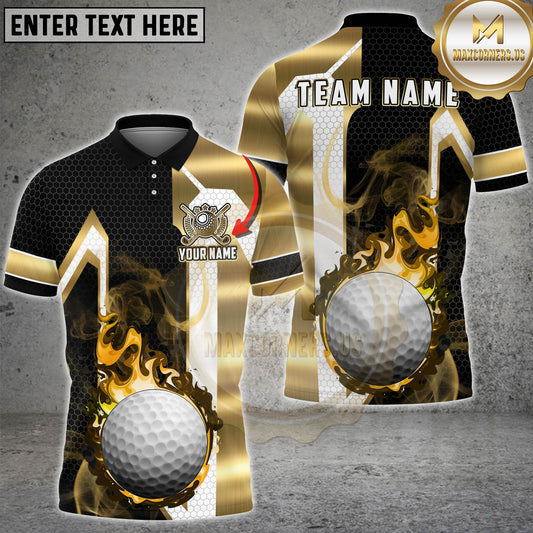 Maxcorners Golf Flaming Golf Ball Black Gold Geometric Multicolor Options Personalized Name, Team Name 3D Shirt (4 Colors)