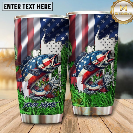 Maxcorners Fishing Tumbler Patriotic Flag Grass Design Personalized Name Tumbler (13 Species)