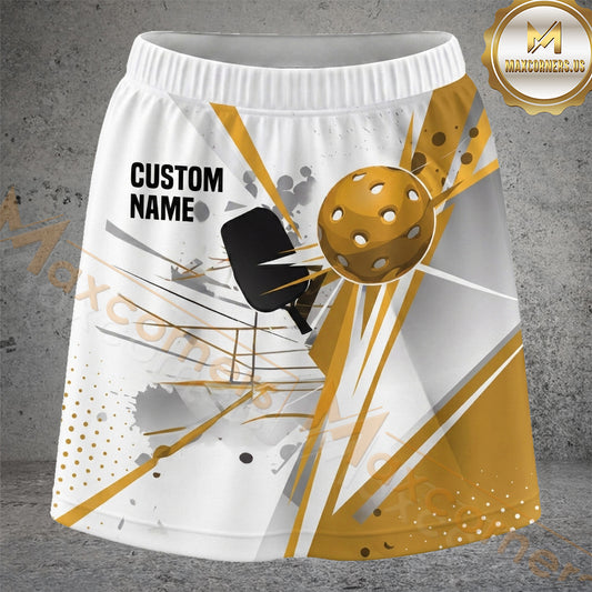 Maxcorners Pickleball White Gold Abstract Paddle Ball Personalized 3D Skort, Skirts With Shorts