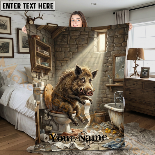 Maxcorners Funny Wild Boar Sitting on Toilet in Stone Bathroom Personalized 3D Blanket