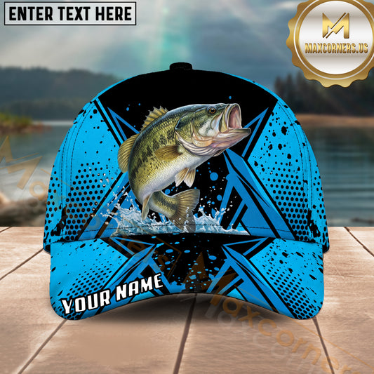 Maxcorners Fishing Blue Black Geometric Halftone Splash Personalized Name 3D Cap (12 Fish Species)