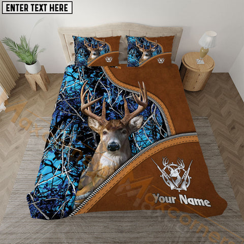 Maxcorners Deer Hunting Blue Camo Real Tree Leather Zipper Bedding Set 3D All Over Printed