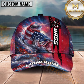 Maxcorners Fishing Patriotic American Flag Stars Stripes Fishing Design with Dynamic Splash Personalized Name 3D Cap (13 Fish Species)