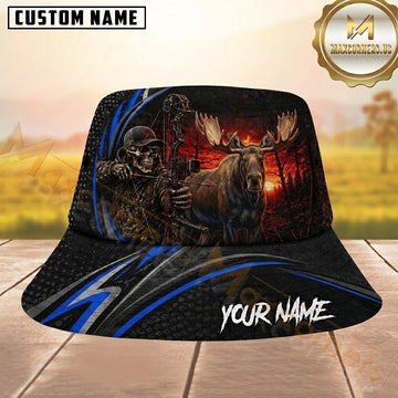 Maxcorners Moose Skeleton Bow Sunset Blue Striped Personalized Name 3D Bucket Hat