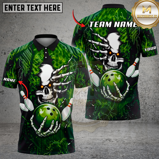 Maxcorners Bowling Shirt Cyber Skull Neon Circuit Bowling Graphic Multicolor Options Personalized Name, Team Name 3D Shirt (4 Colors)