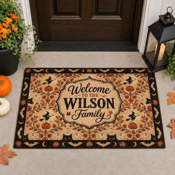 Personalized Maxcorners Halloween Witch Ghost Black Cat Pumpkin Bats Autumn Leaves Damask Personalized Name 3D Doormat