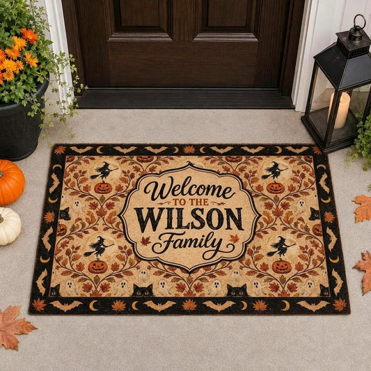 Personalized Maxcorners Halloween Witch Ghost Black Cat Pumpkin Bats Autumn Leaves Damask Personalized Name 3D Doormat