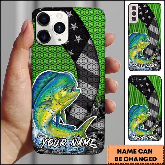 Maxcorners Mahi-Mahi Fishing Neon Green Honeycomb Wave Splash Personalized Name Phone Case