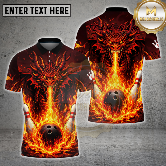 Maxcorners Dragon Bowling Shirt Fire Breath Flaming Ball Graphic Multicolor Options Personalized Name, Team Name 3D Shirt (4 Colors)