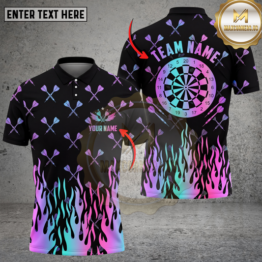Maxcorners Darts Polo Shirt Neon Flame Dartboard Gradient Multicolor Options Personalized Name, Team Name 3D Shirt