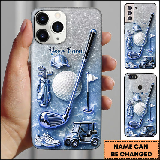 Maxcorners Golf 3D Embossed Metallic Golf Club Cart Blue Personalized Phone Case