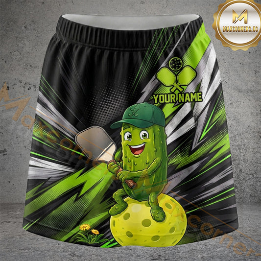Maxcorners Pickleball Green Action Pickle Character Personalized 3D Skort, Skirts With Shorts