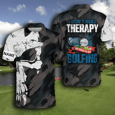 MaxCorners I Don’T Need Therapy I Just Need To Go Golfing Abstract Skull Golf Polo Shirts Customized Name Polo For Men