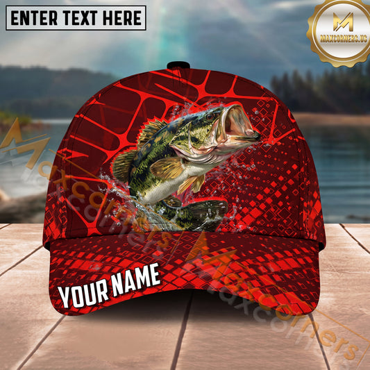 Maxcorners Fishing Red Geometric Splash Pattern Personalized Name 3D Cap (12 Fish Species)