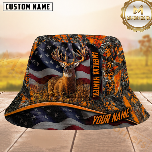 Maxcorners Whitetail Deer Buck Hunting Blaze Orange Camo and Waving American Flag Personalized Name 3D Bucket Hat
