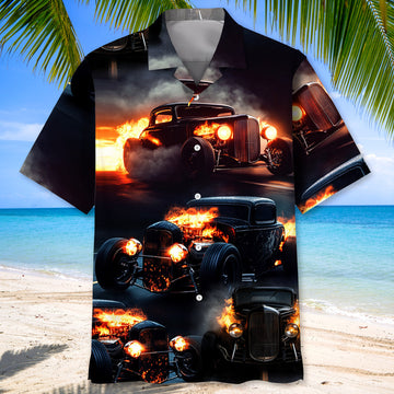 Maxcorners Black Hot Rod On Fire Hawaiian Shirt