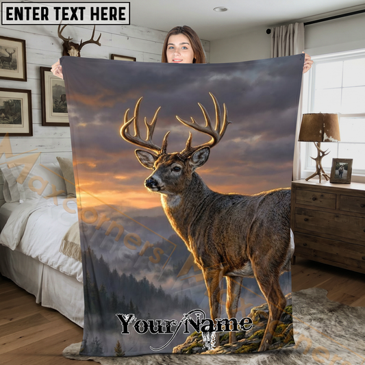 Maxcorners Majestic Whitetail Buck Misty Sunset Mountain Personalized 3D Blanket