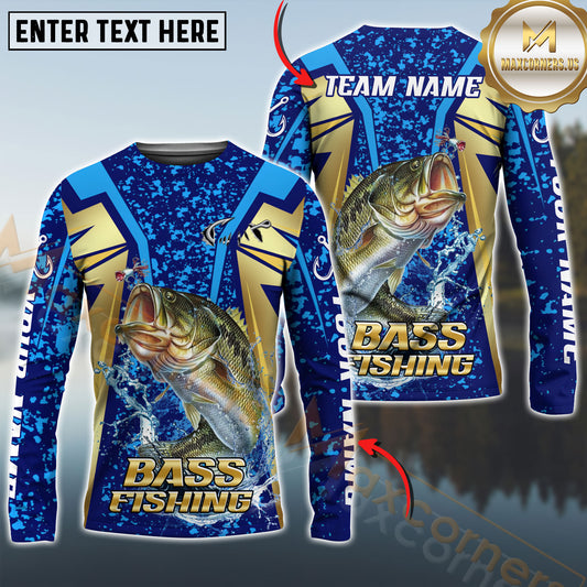 Maxcorners Fishing Blue Gold Tournament Multicolor Options Personalized Name, Team Name 3D Long Sleeve Shirt ( 12 Fish Species)