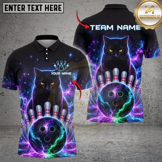 Maxcorners Bowling Shirt Galaxy Cat Neon Cosmic Bowling Ball Design Multicolor Options Personalized Name, Team Name 3D Shirt (4 Colors)