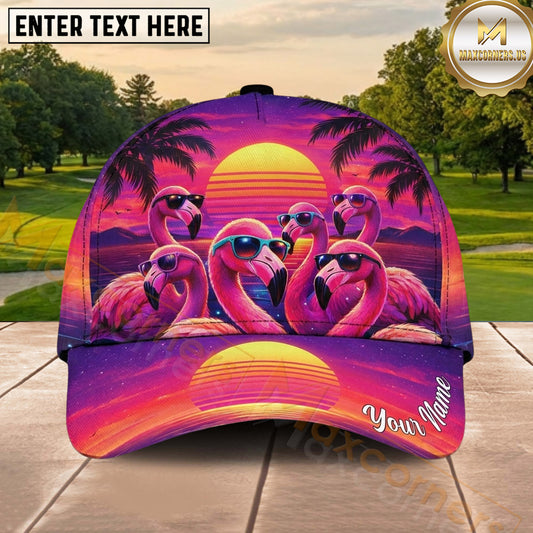Maxcorners Golf Retro Sunset Flamingo Squad Artwork Personalized Name 3D Classic Cap