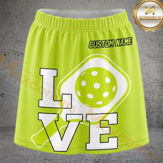 Maxcorners Pickleball Lime Love Typography Ball Personalized 3D Skort, Skirts With Shorts