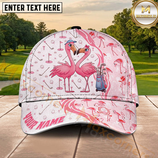 Maxcorners Golf Flamingo Couple and Golf Bag Personalized Name 3D Classic Cap