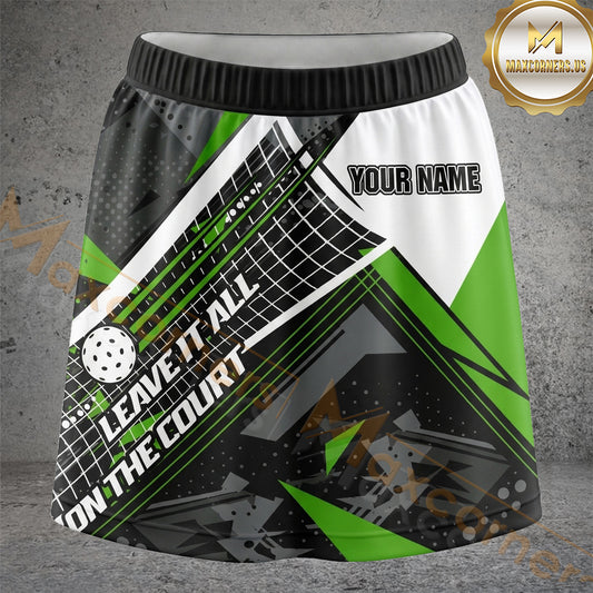Maxcorners Pickleball Black Green Geometric Court Quote Personalized 3D Skort, Skirts With Shorts