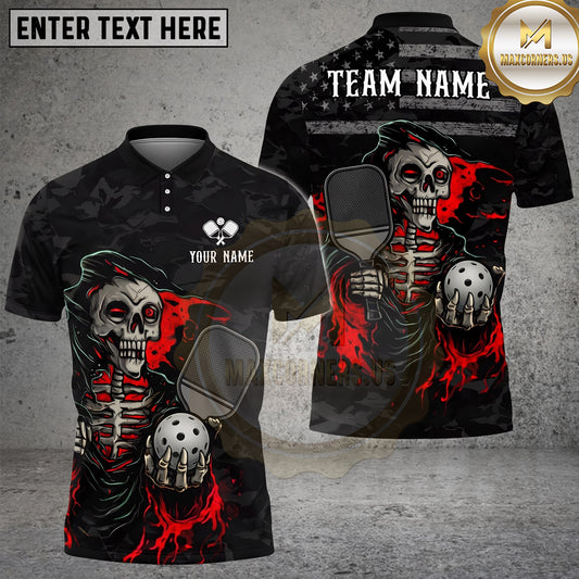 Maxcorners Pickleball Polo Grim Reaper Skeleton American Flag Multiple Options Personalized Name, Team Name 3D Shirt