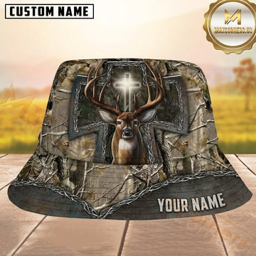 Maxcorners Deer Hunting Woodland Camo Cross Personalized Name 3D Bucket Hat