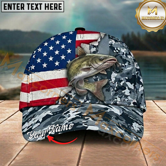 Maxcorners Fishing Patriotic Gray Camo Personalized Name 3D Cap (12 Fish Species)