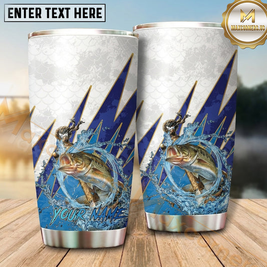 Maxcorners Fishing Tumbler White Blue Thunderbolt Splash Design Personalized Name Tumbler (13 Species)