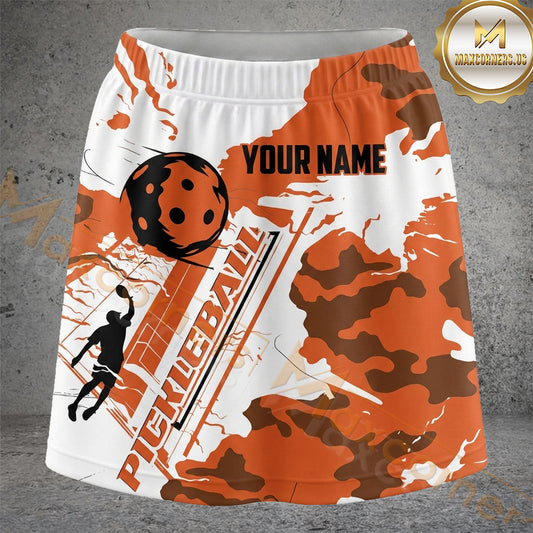 Maxcorners Pickleball Orange Camouflage Paddle Ball Personalized 3D Skort, Skirts With Shorts