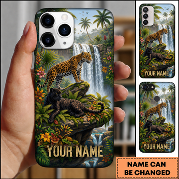 Maxcorners Hunting Leopard and Black Panther Tropical Waterfall Jungle Palm Trees Customized Name Phone Case