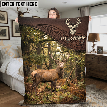 Maxcorners Premium Leather Whitetail Deer Forest Hunting Personalized 3D Blanket