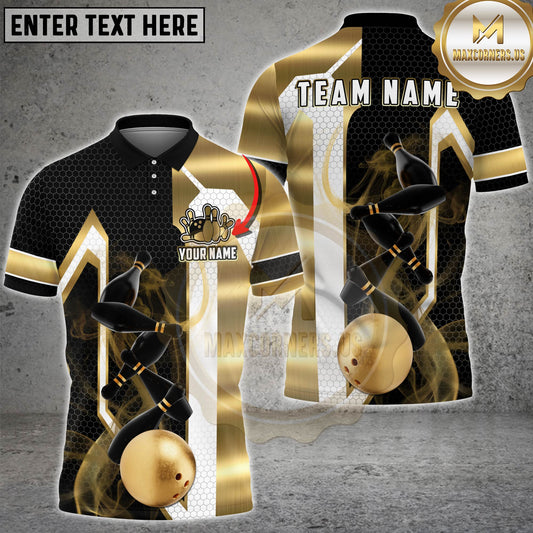 Maxcorners Bowling Black Gold Pins And Ball Geometric Multicolor Options Personalized Name, Team Name 3D Shirt (4 Colors)