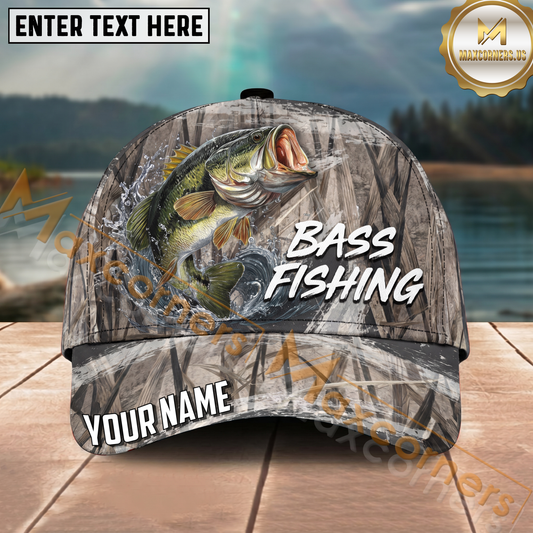 Maxcorners Fishing Gray Reed Camo Water Splash Personalized Name 3D Cap (12 Fish Species)