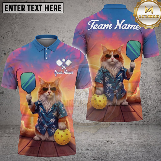 Maxcorners Pickleball Polo Cool Cat Tropical Sunset Multiple Options Personalized Name, Team Name 3D Shirt