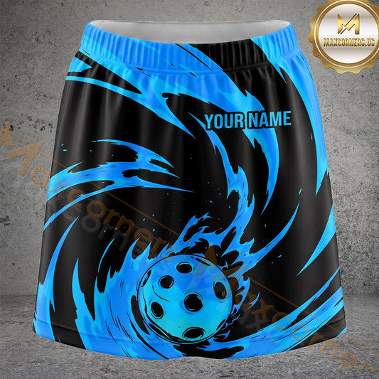 Maxcorners Pickleball Black Cyan Flame Ball Personalized 3D Skort, Skirts With Shorts