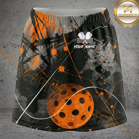 Maxcorners Pickleball Orange Black Abstract Court Ball Personalized 3D Skort, Skirts With Shorts