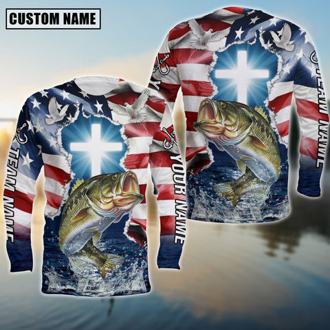 Maxcorners Large Mouth Bass Fishing Cross Jesus With Flag of the United States Pattern Sport Custom Name & Team Name 3D Shirts