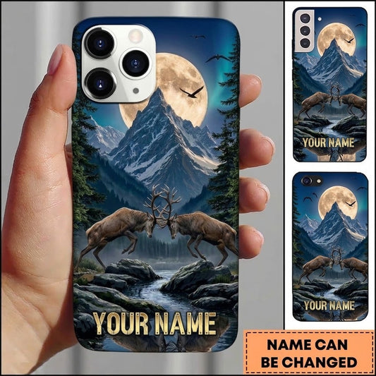 Maxcorners Hunting Fighting Deer Blue Moonlit Mountain River Customized Name Phone Case