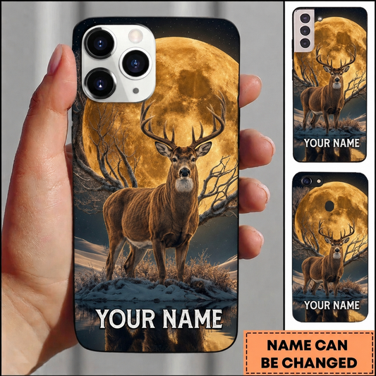 Maxcorners Hunting Majestic Deer Golden Full Moon Winter Night Customized Name Phone Case